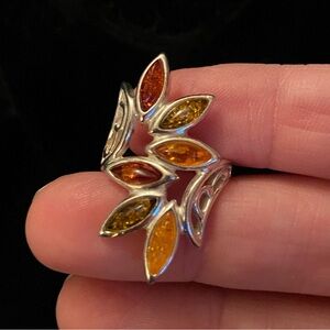 Genuine Multicolor Baltic Amber Leaf Branch Ring 925 Cognac Olive Green Honey